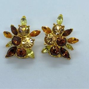 Vintage Nolan Miller Sparkling Autumn Color Crystal Gold Tone Clip Earrings